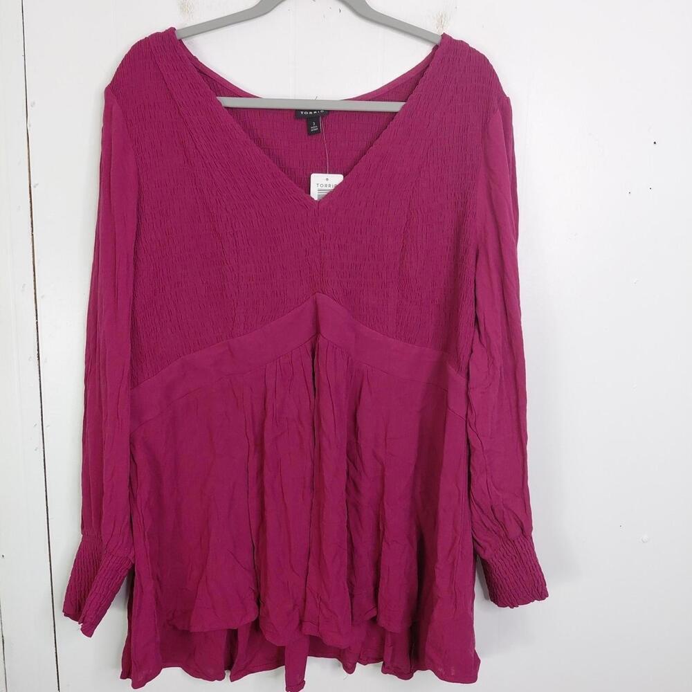 Torrid Top Womens 3X Smocked V Neck Empire Waist Long Sleeve New Magenta